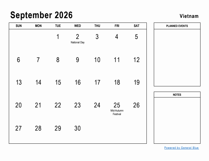 September 2026 Printable Monthly Calendar with Vietnam Holidays