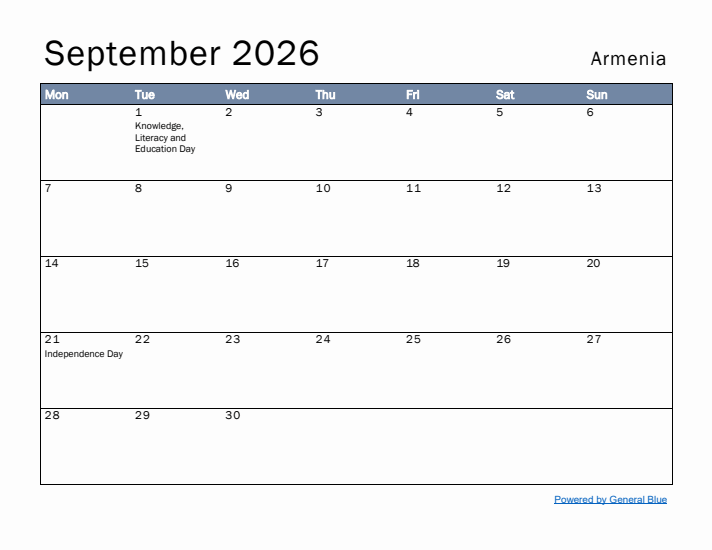 September 2026 Simple Monthly Calendar for Armenia