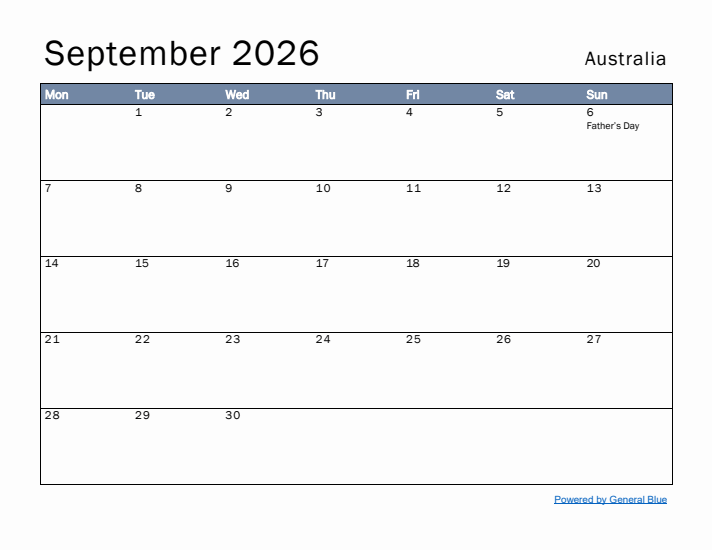 September 2026 Simple Monthly Calendar for Australia