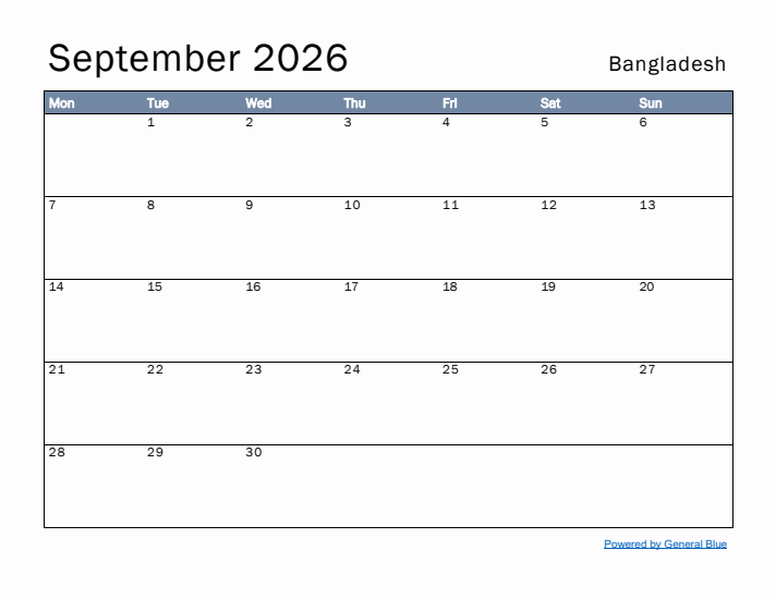 September 2026 Simple Monthly Calendar for Bangladesh