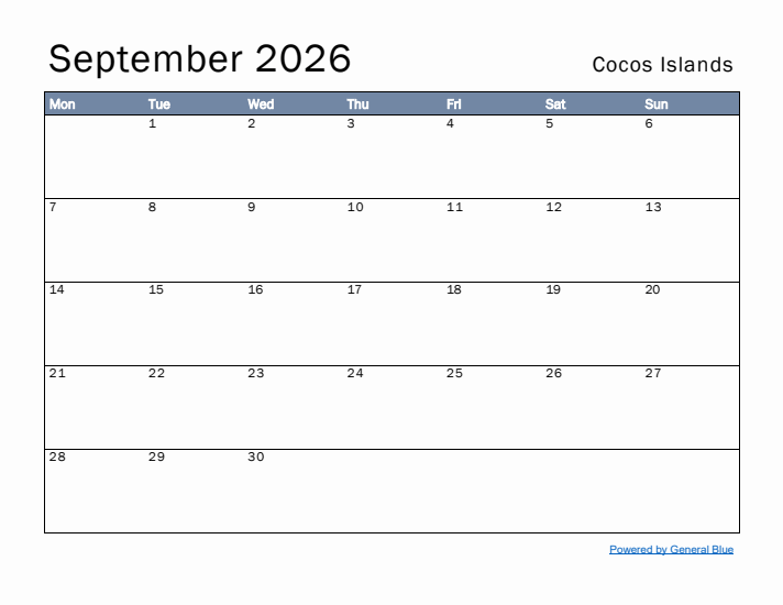 September 2026 Simple Monthly Calendar for Cocos Islands