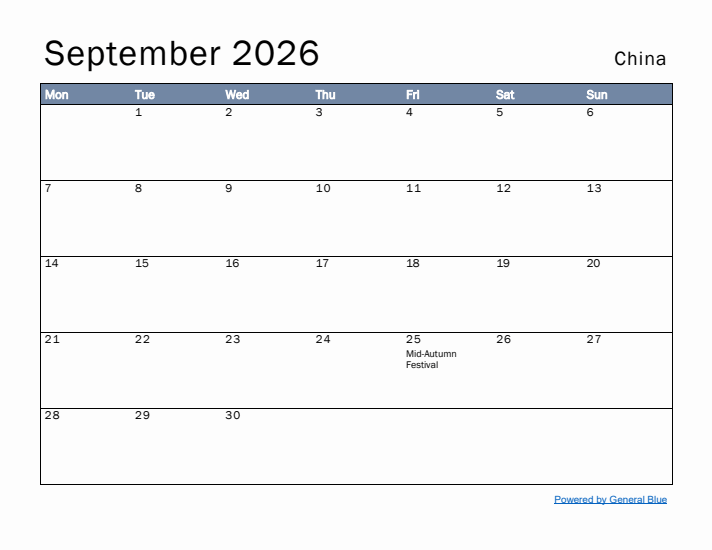 September 2026 Simple Monthly Calendar for China