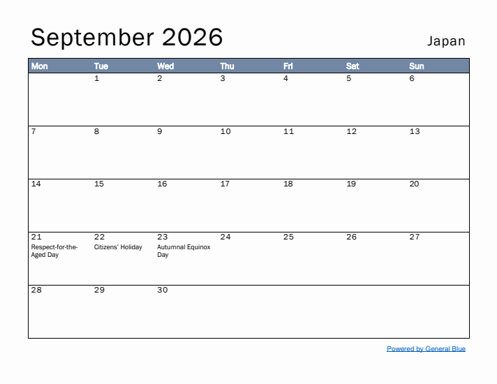 September 2026 Simple Monthly Calendar for Japan