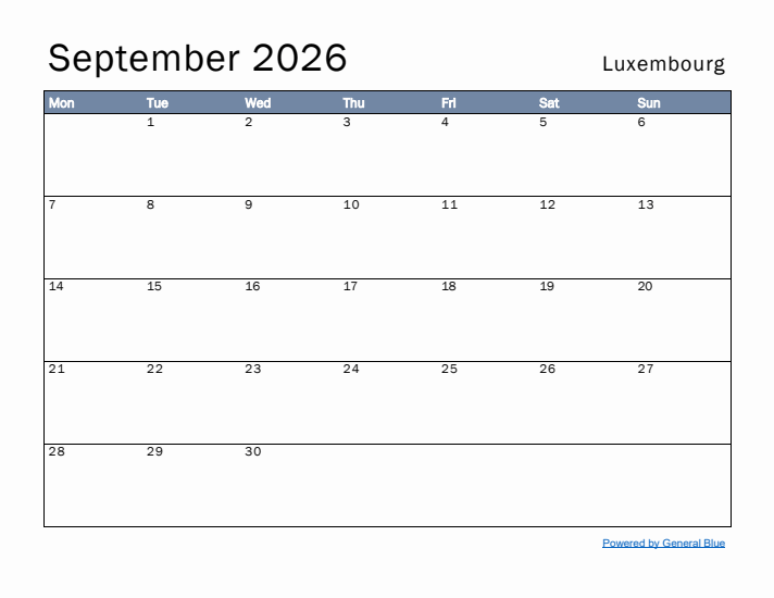 September 2026 Simple Monthly Calendar for Luxembourg