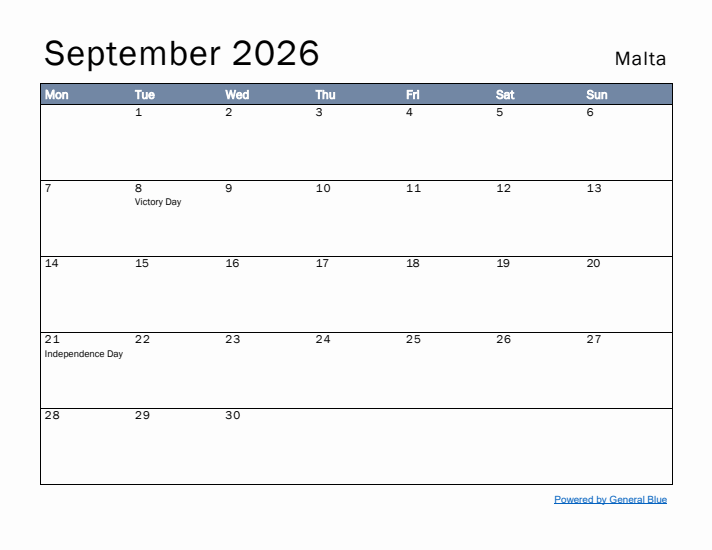 September 2026 Simple Monthly Calendar for Malta