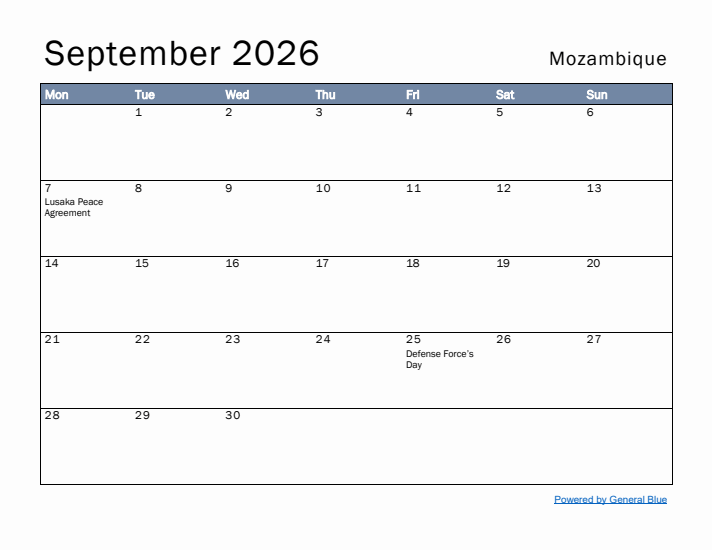 September 2026 Simple Monthly Calendar for Mozambique