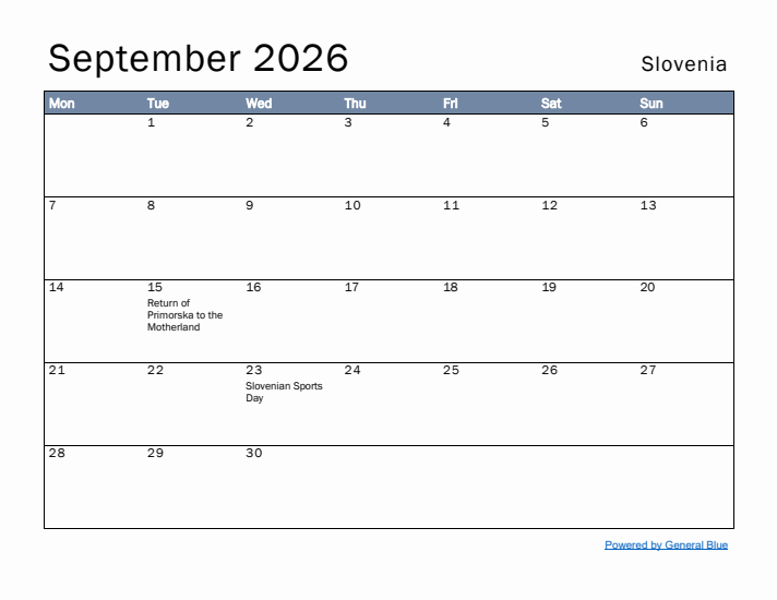 September 2026 Simple Monthly Calendar for Slovenia