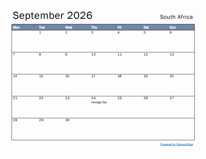 September 2026 Simple Monthly Calendar for South Africa