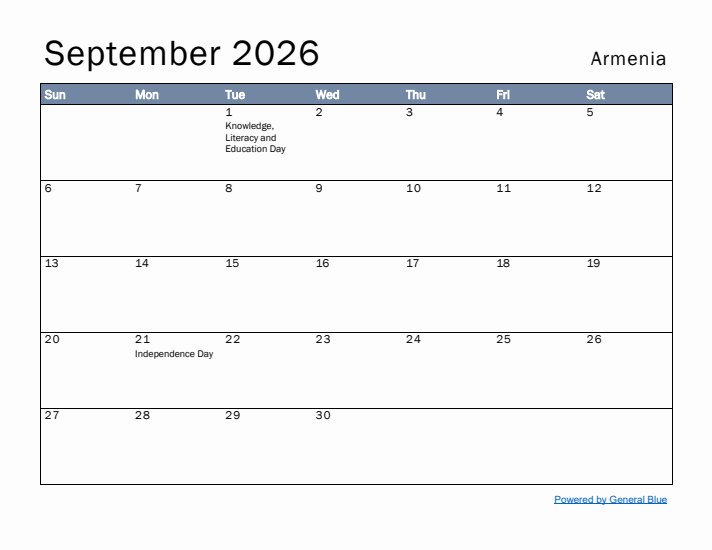 September 2026 Simple Monthly Calendar for Armenia