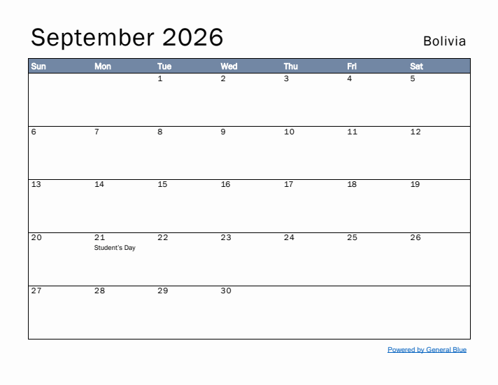 September 2026 Simple Monthly Calendar for Bolivia