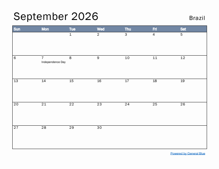 September 2026 Simple Monthly Calendar for Brazil