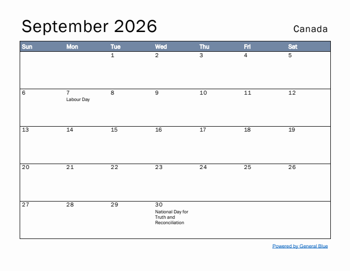 September 2026 Simple Monthly Calendar for Canada