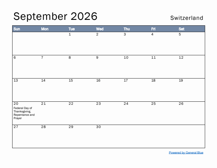 September 2026 Simple Monthly Calendar for Switzerland