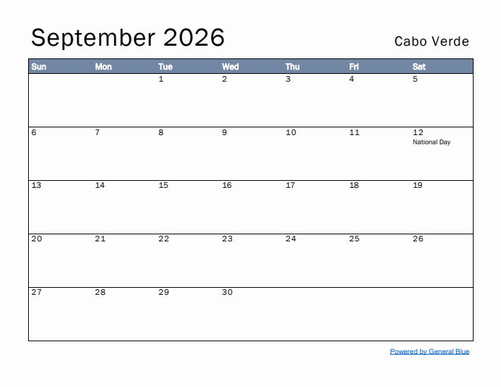 September 2026 Simple Monthly Calendar for Cabo Verde