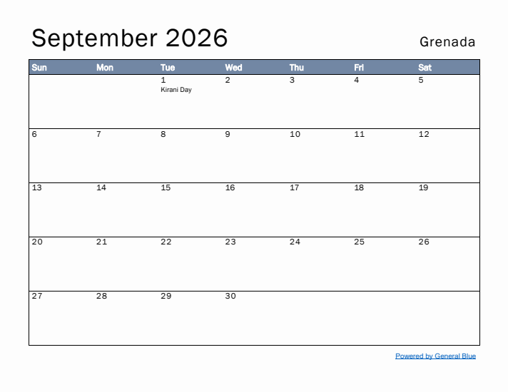 September 2026 Simple Monthly Calendar for Grenada