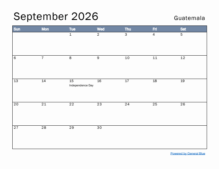 September 2026 Simple Monthly Calendar for Guatemala