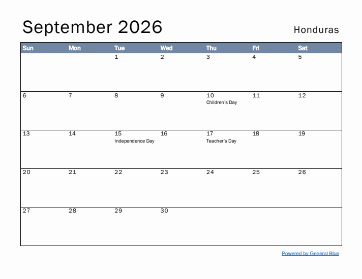 September 2026 Simple Monthly Calendar for Honduras