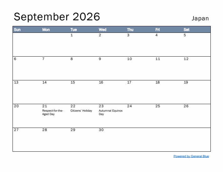 September 2026 Simple Monthly Calendar for Japan