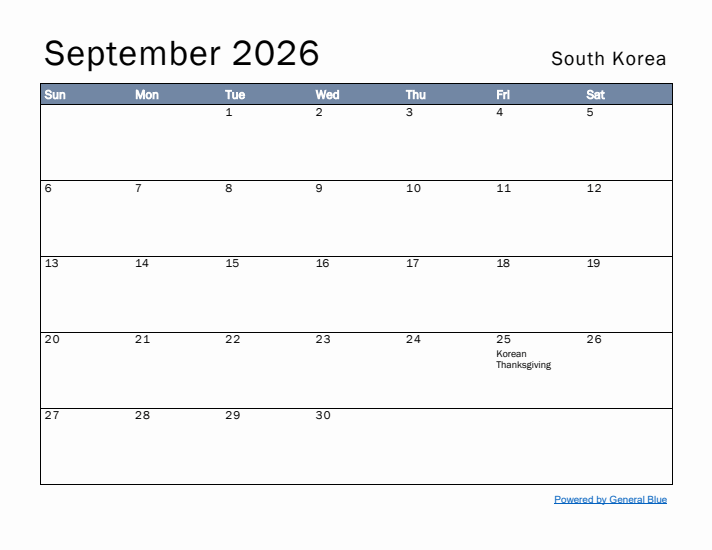 September 2026 Simple Monthly Calendar for South Korea