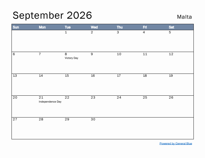 September 2026 Simple Monthly Calendar for Malta