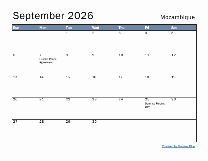 September 2026 Simple Monthly Calendar for Mozambique