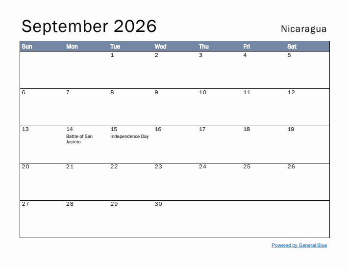 September 2026 Simple Monthly Calendar for Nicaragua