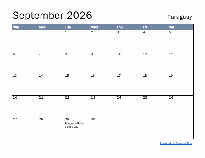 September 2026 Simple Monthly Calendar for Paraguay