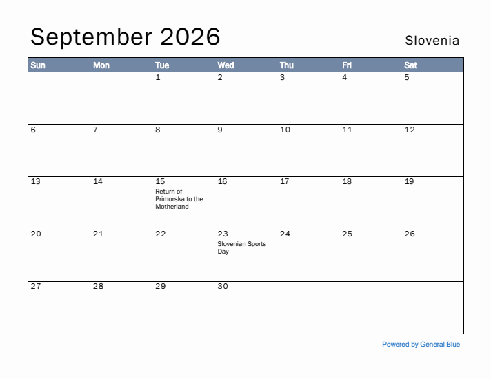 September 2026 Simple Monthly Calendar for Slovenia