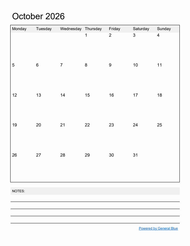 Basic Monthly Calendar Template for October 2026