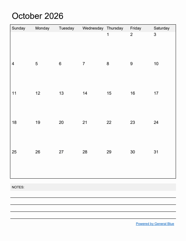 Basic Monthly Calendar Template for October 2026