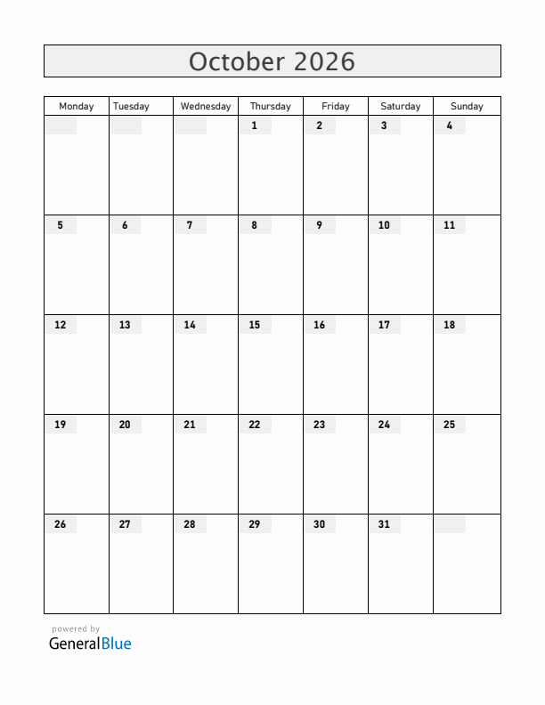 Blank October 2026 Calendar