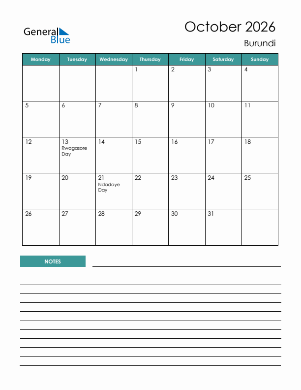 Calendar with Notes Printable - Monday Start