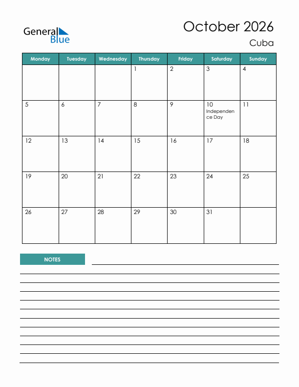 Calendar with Notes Printable - Monday Start