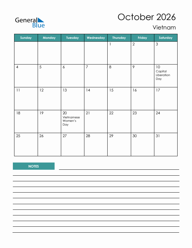 Calendar with Notes Printable - Sunday Start