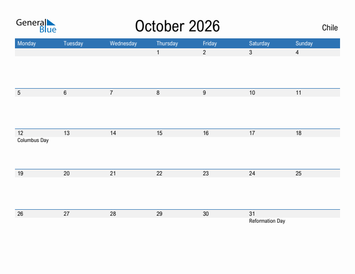 Fillable October 2026 Calendar