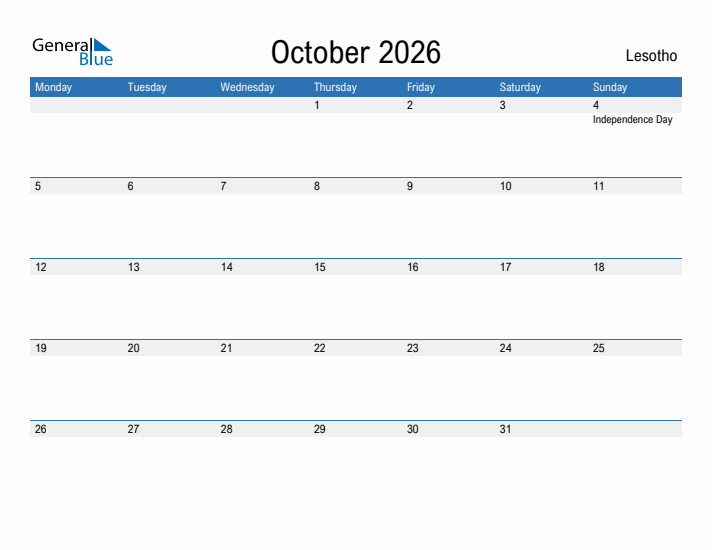 Fillable October 2026 Calendar