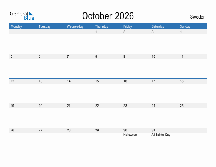 Fillable October 2026 Calendar