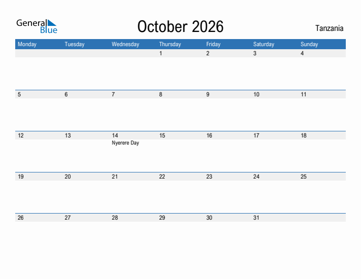 Fillable October 2026 Calendar