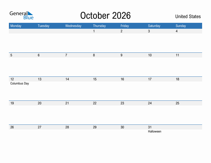 Fillable October 2026 Calendar