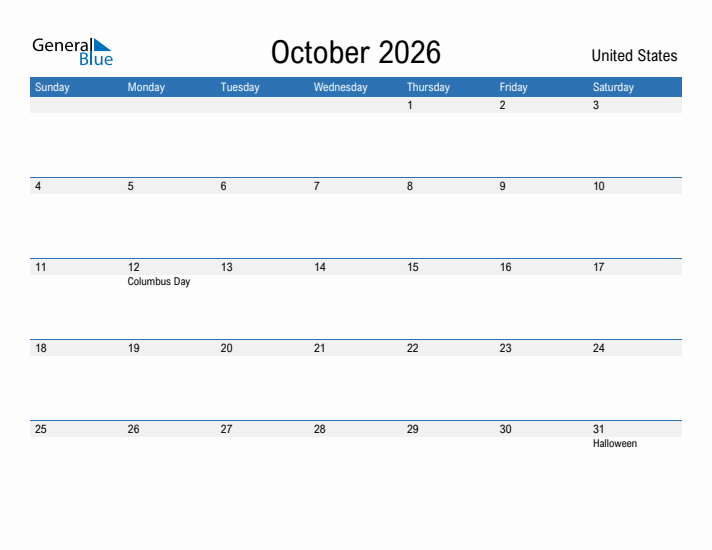 Fillable October 2026 Calendar