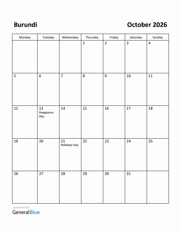 October 2026 Calendar with Burundi Holidays