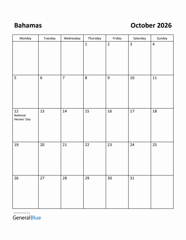 October 2026 Calendar with Bahamas Holidays