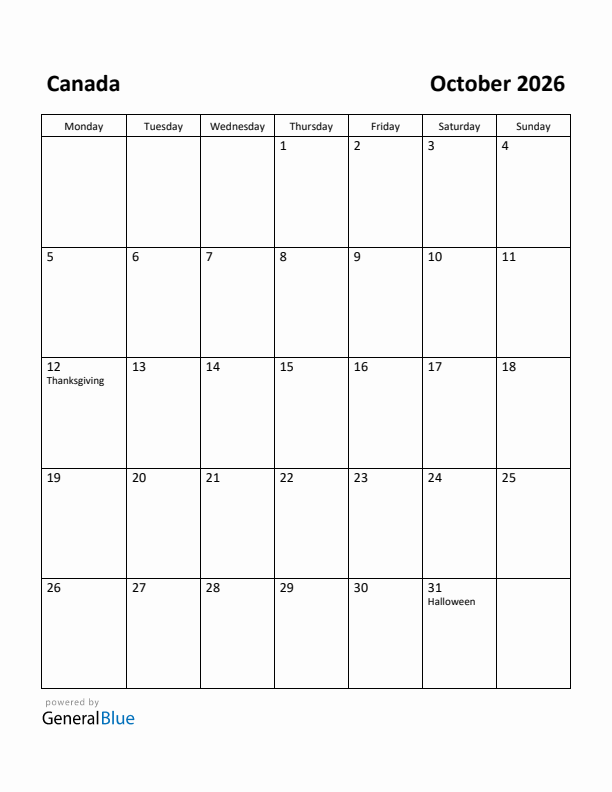 October 2026 Calendar with Canada Holidays