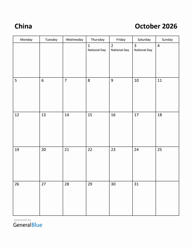 October 2026 Calendar with China Holidays