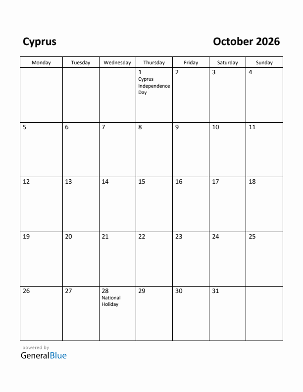 October 2026 Calendar with Cyprus Holidays