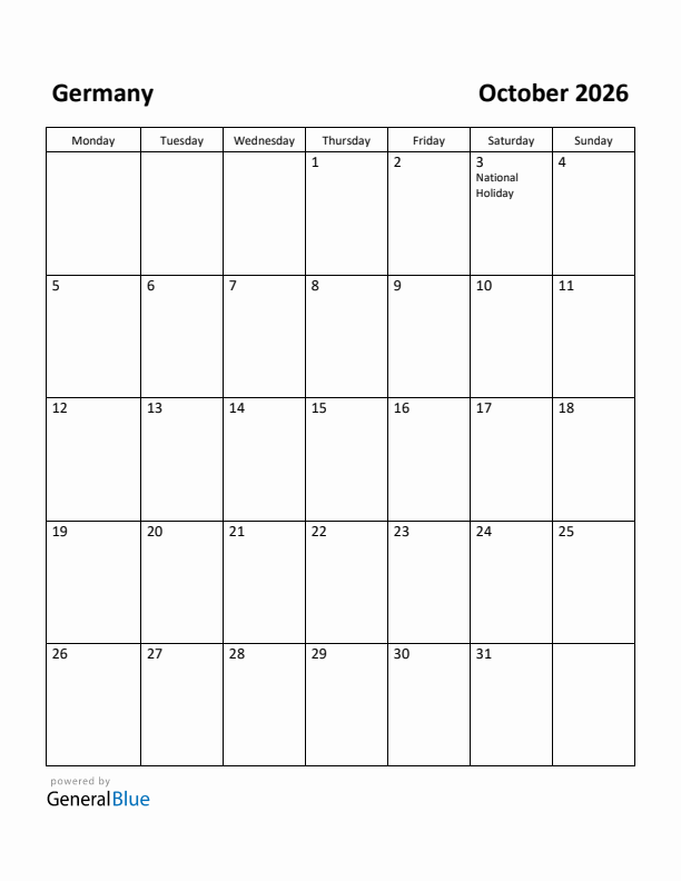 October 2026 Calendar with Germany Holidays