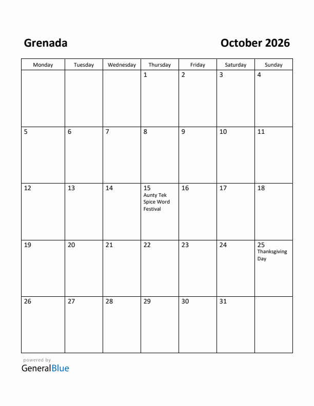 October 2026 Calendar with Grenada Holidays