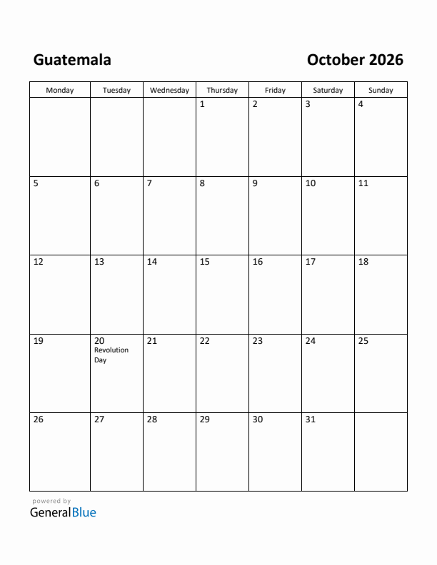 October 2026 Calendar with Guatemala Holidays