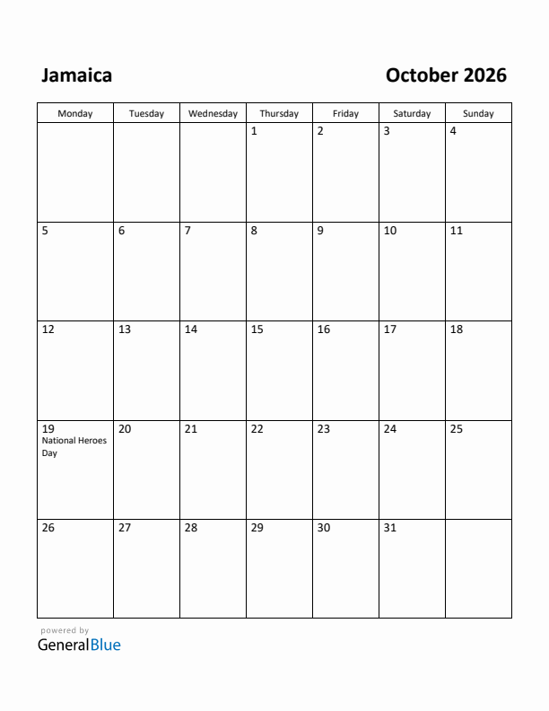 October 2026 Calendar with Jamaica Holidays