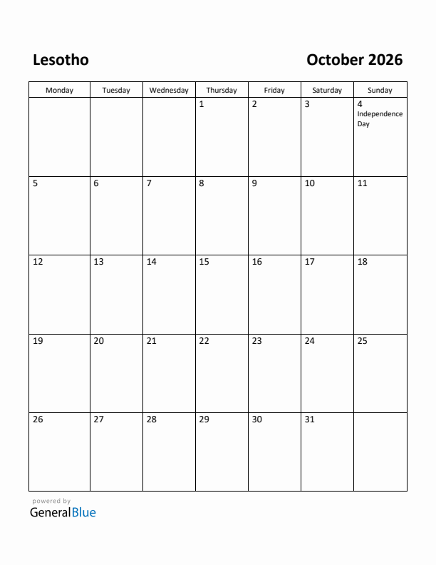 October 2026 Calendar with Lesotho Holidays